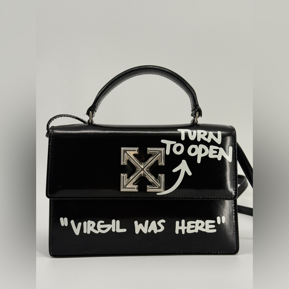 Off White  Jitney  1.4 “Virgil Was Here “ Printed Leather Shoulder Bag